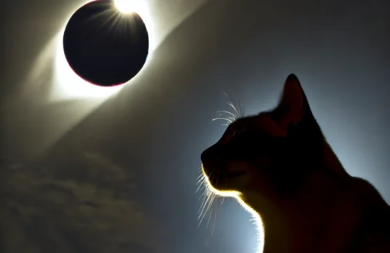 DALL·E 2024 11 06 13.24.33 A dramatic scene of a solar eclipse in the sky with a curious cat in the foreground looking up at the partially covered sun. The sky is darkened with