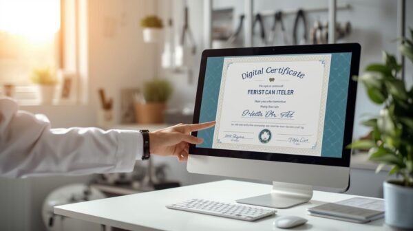 es una veteriania haciendo un certificado vitrual d eun perro o gato