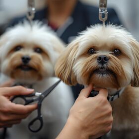 FOTO DE SERVICIO DE GROOMING ESPECIALIZADO PARA PERROS Y GATOS QUE SE VEAN REALIZANDOLES UN CORTE ESTETICO CON TIJERAS (1)