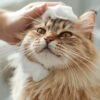 Fluffy orange cat with soap on its head being patted by a hand during bath time.