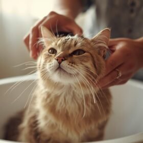 Cat sits in a white basin being gently held by a person during a bath, focusing on its face and whiskers.