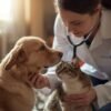 Veterinarian in a white coat with a stethoscope checks a golden retriever and a tabby cat indoors.