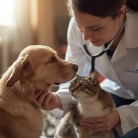 Veterinarian in a white coat with a stethoscope checks a golden retriever and a tabby cat indoors.