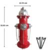 Red fire hydrant model with a silver top, side outlets (chains hanging) and four black stakes nearby; overall dimensions about 33 cm tall and 12.7 cm wide.