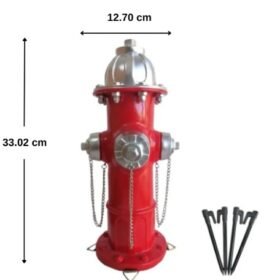 Red fire hydrant model with a silver top, side outlets (chains hanging) and four black stakes nearby; overall dimensions about 33 cm tall and 12.7 cm wide.