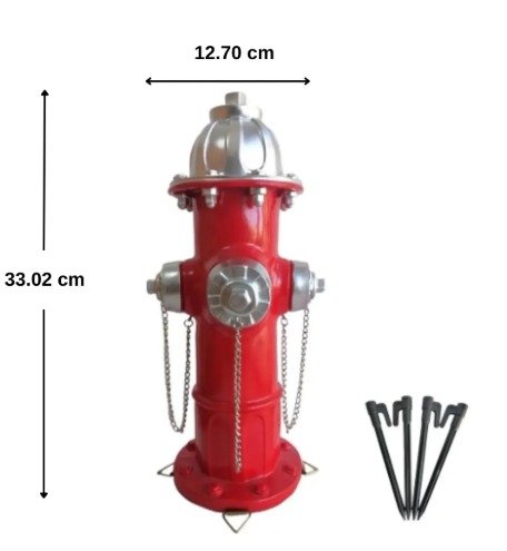 Red fire hydrant model with a silver top, side outlets (chains hanging) and four black stakes nearby; overall dimensions about 33 cm tall and 12.7 cm wide.