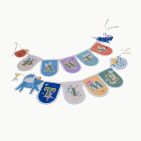 Colorful pennant garland spelling 'PAWTIME' with playful animal shapes at the ends, suitable for a pet-themed party.