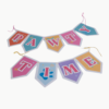 Colorful pennant banner spelling 'PAWTY TIME' for a dog-themed party with pastel flags and gold cords.