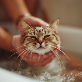 Cat during a bath, held gently by a person's hands in warm water