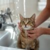 Tabby cat in a kitchen sink being rinsed under running water, gently held by a person by the neck and chest area(s).