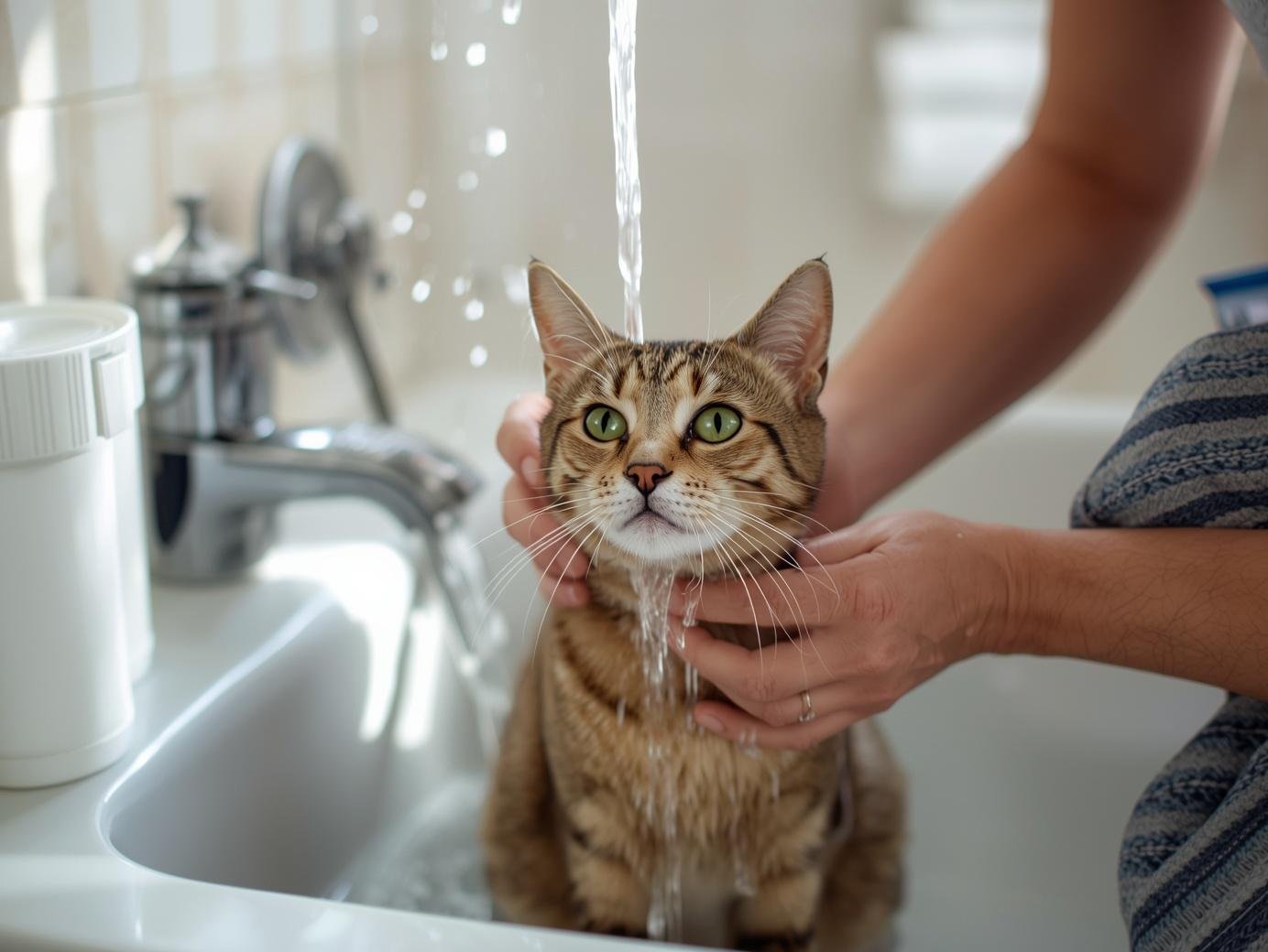 Tabby cat in a kitchen sink being rinsed under running water, gently held by a person by the neck and chest area(s).