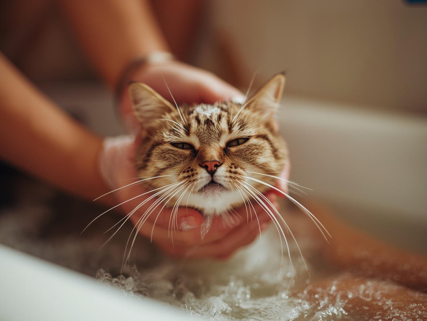 Cat during a bath, held gently by a person's hands in warm water