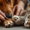 A person trims a dog's nails with nail clippers as a cat naps nearby.