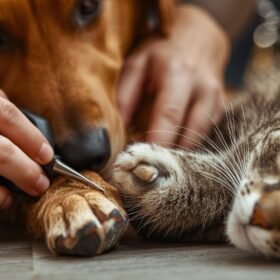 A person trims a dog's nails with nail clippers as a cat naps nearby.