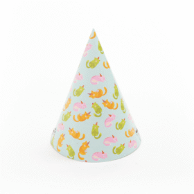 Light blue party hat with a repeating pattern of pink, yellow, green, and orange cats on a white background.