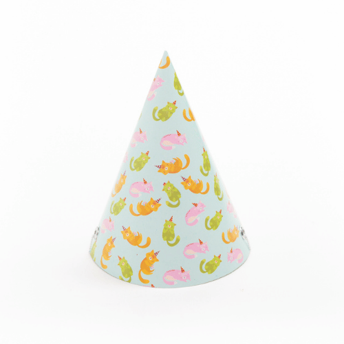 Light blue party hat with a repeating pattern of pink, yellow, green, and orange cats on a white background.