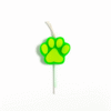 Green paw-print candle on a white stick with a wick at the top.